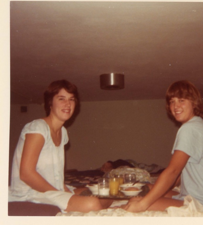 Breakfast in bed prior to Initiation, Fall, 1979, Cathy Harris and Karen Marencik